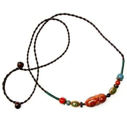 Colorful Ceramic Bead And Hemp Cord Adjustable Necklace
