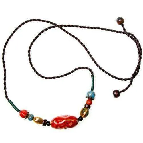 Colorful Ceramic Bead And Hemp Cord Adjustable Necklace