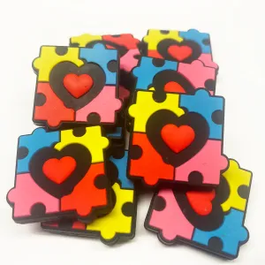 Colorful Puzzle Pieces w/Center Heart Silicone Focal Beads
