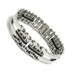 Cool Stainless Steel 8.5" Wide Bicycle Chain Style Link Bracelet with Black Rubber Inserts.