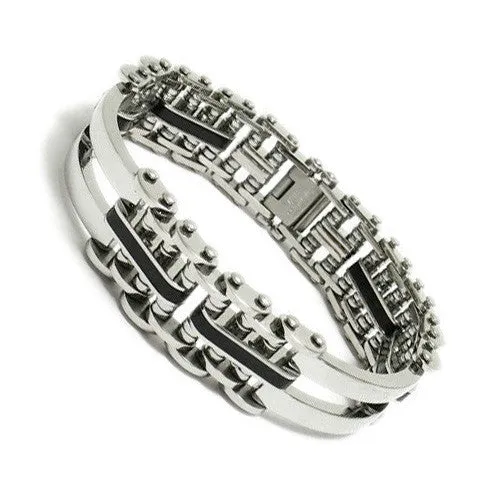 Cool Stainless Steel 8.5" Wide Bicycle Chain Style Link Bracelet with Black Rubber Inserts.