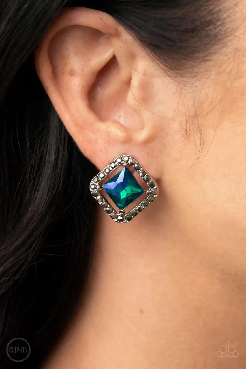 Cosmic Catwalk - Green - UV Iridescent Gem Paparazzi Clip-On Earrings