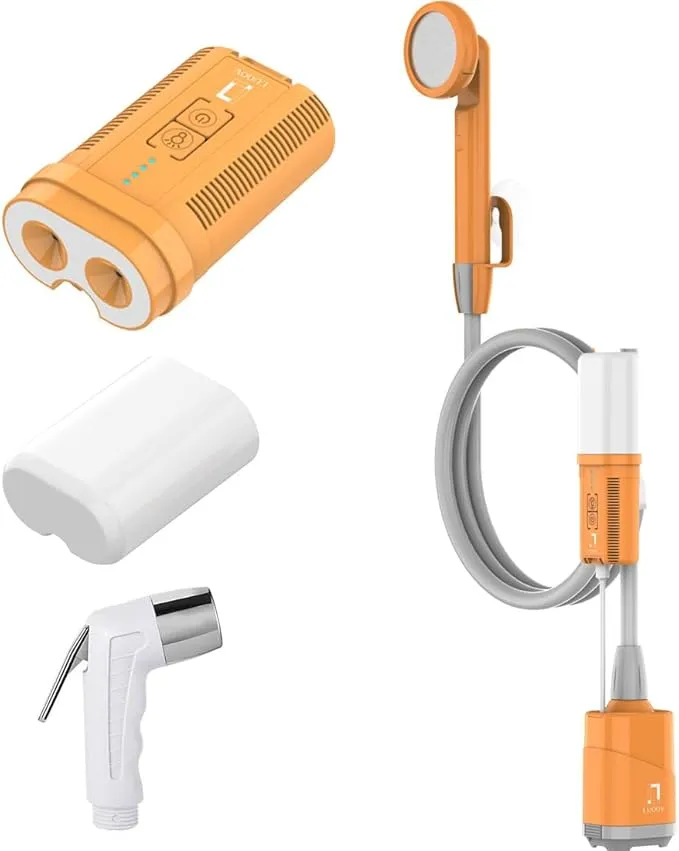 COSWE Portable Camping Shower, Outdoor Camp Pump with Rechargeable 4400mAH Battery and 130LM Led Lighting Device for Camping Hiking Outdoor Beach Garden