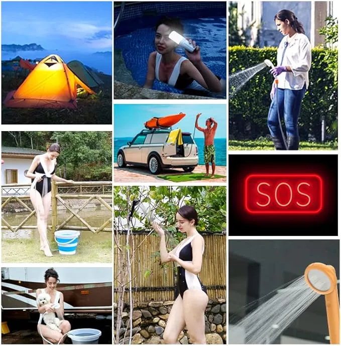 COSWE Portable Camping Shower, Outdoor Camp Pump with Rechargeable 4400mAH Battery and 130LM Led Lighting Device for Camping Hiking Outdoor Beach Garden