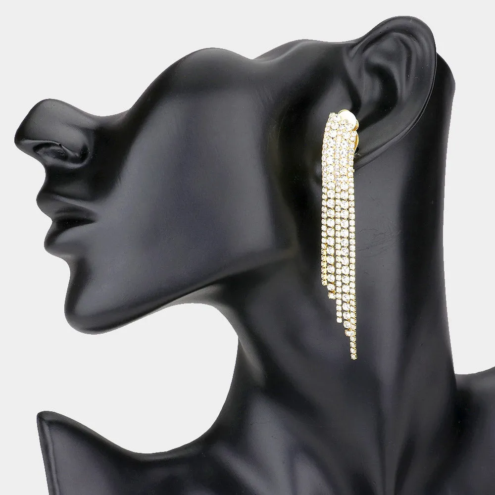 Crystal Rhinestone Fringe Clip On Pageant Earrings on Gold | Prom Clip On Earrings |  567046