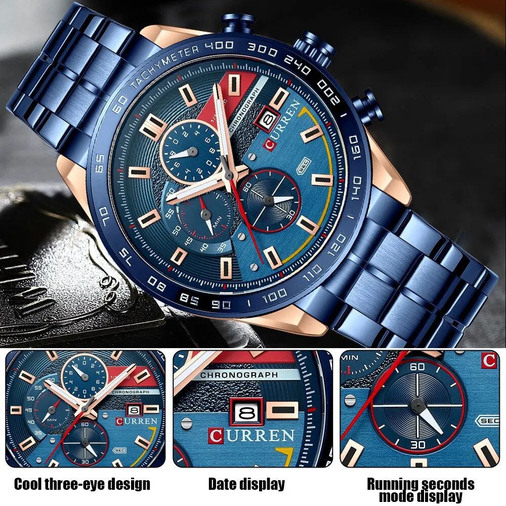 CURREN Men&#39;s Watch Top Brand Luxury Sports Analog Quartz Mens Watches Full Steel Waterproof Chronograph Wristwatch For Men Clock