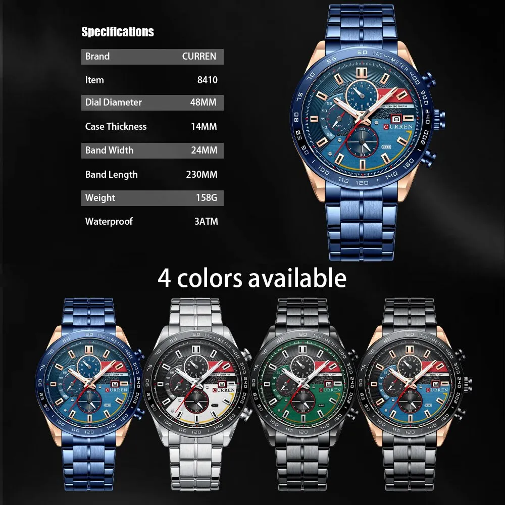 CURREN Men&#39;s Watch Top Brand Luxury Sports Analog Quartz Mens Watches Full Steel Waterproof Chronograph Wristwatch For Men Clock