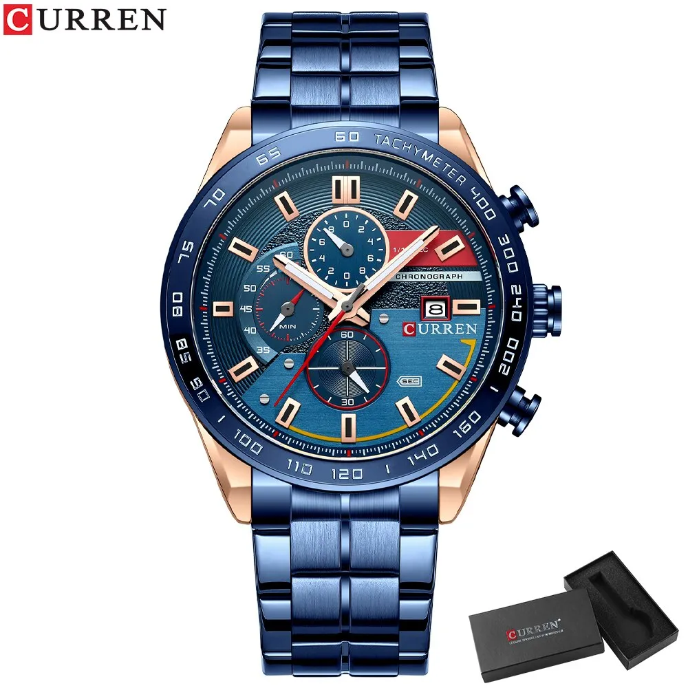 CURREN Men&#39;s Watch Top Brand Luxury Sports Analog Quartz Mens Watches Full Steel Waterproof Chronograph Wristwatch For Men Clock