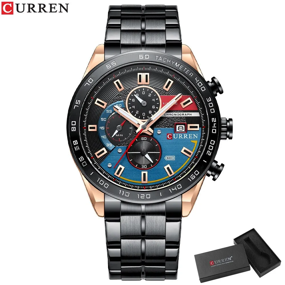 CURREN Men&#39;s Watch Top Brand Luxury Sports Analog Quartz Mens Watches Full Steel Waterproof Chronograph Wristwatch For Men Clock