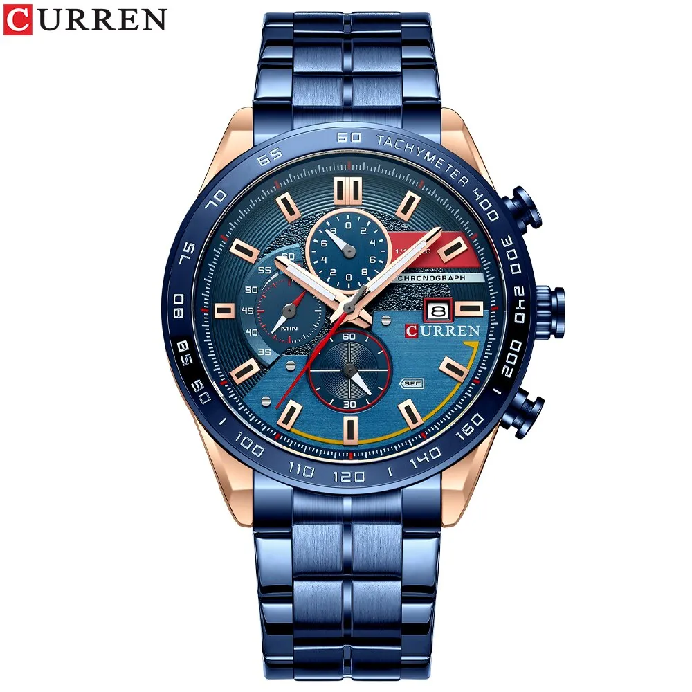 CURREN Men&#39;s Watch Top Brand Luxury Sports Analog Quartz Mens Watches Full Steel Waterproof Chronograph Wristwatch For Men Clock