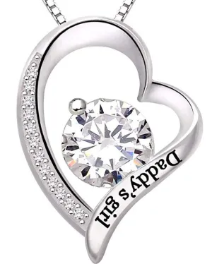 Daddy's Girl Crystal Heart Necklace in 18K White Gold Plating - Hypoallergenic & Made in Italy