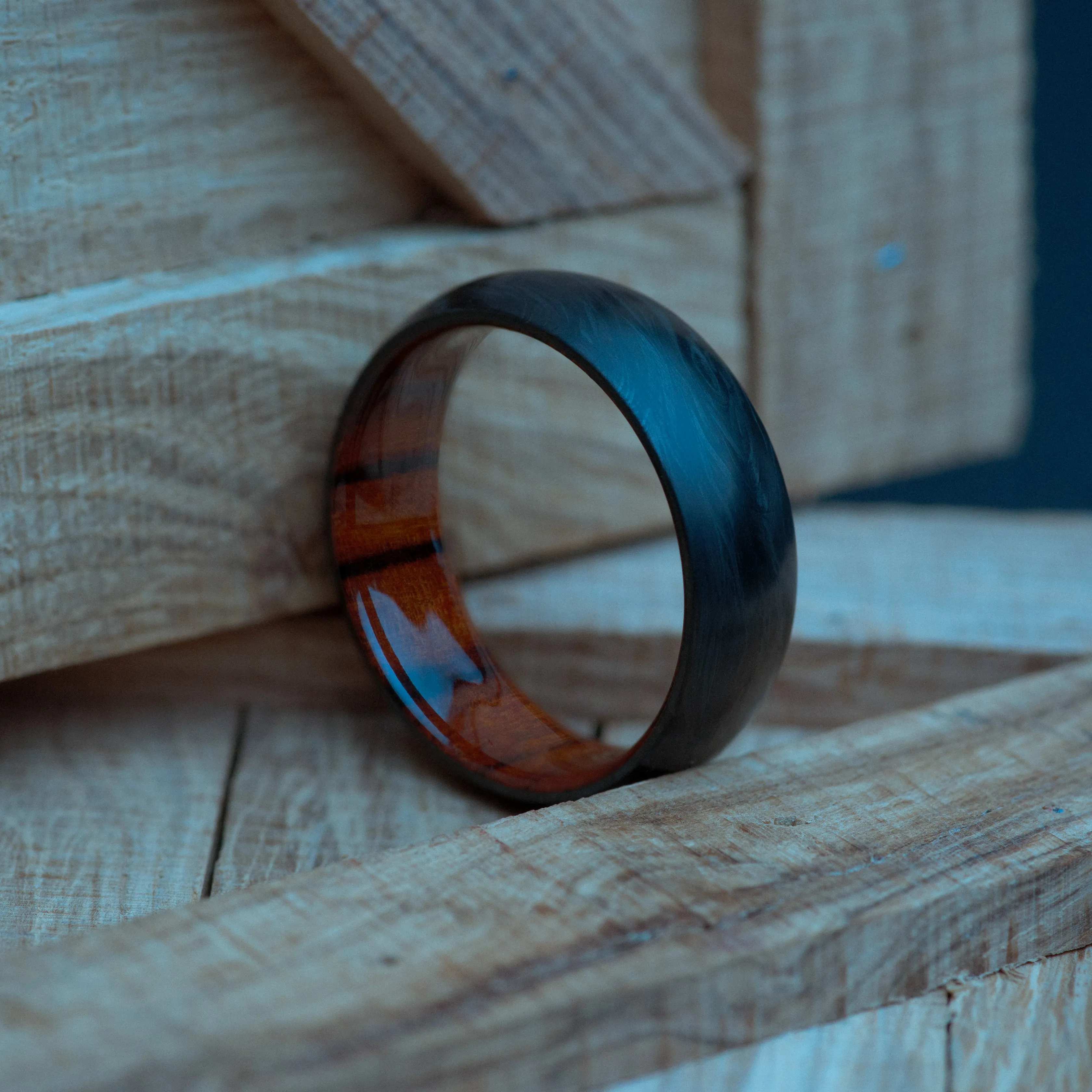 Desert Ironwood and Forged Carbon Fiber Mens Wedding Band
