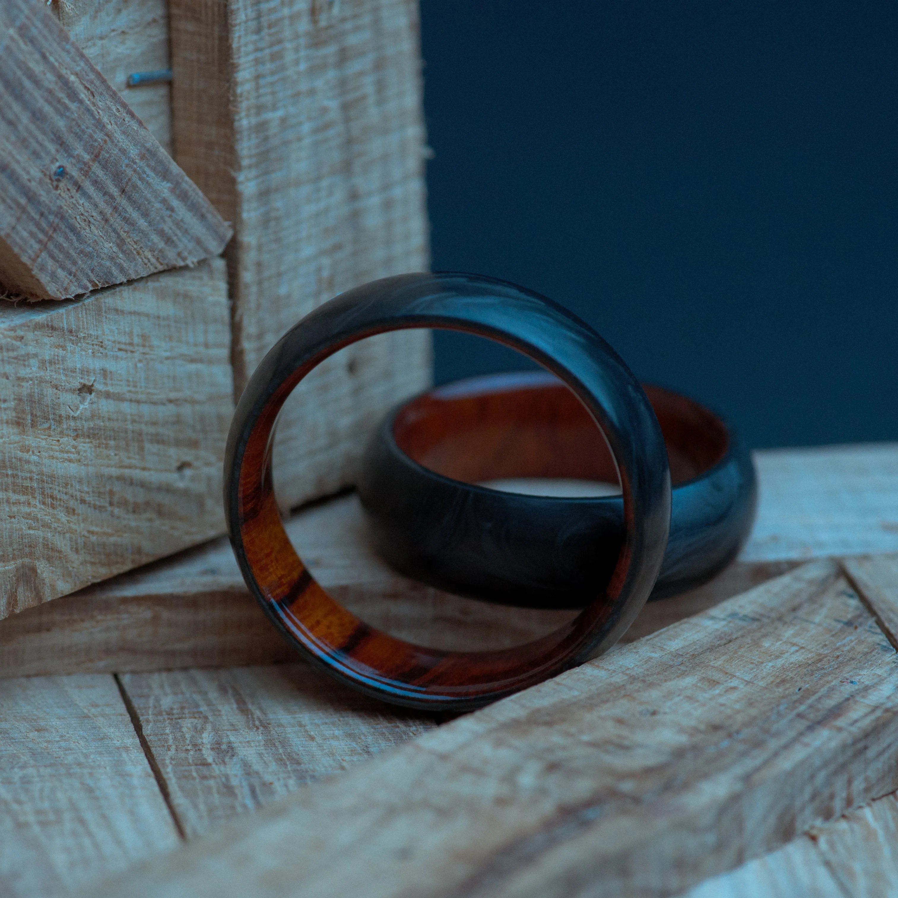 Desert Ironwood and Forged Carbon Fiber Mens Wedding Band
