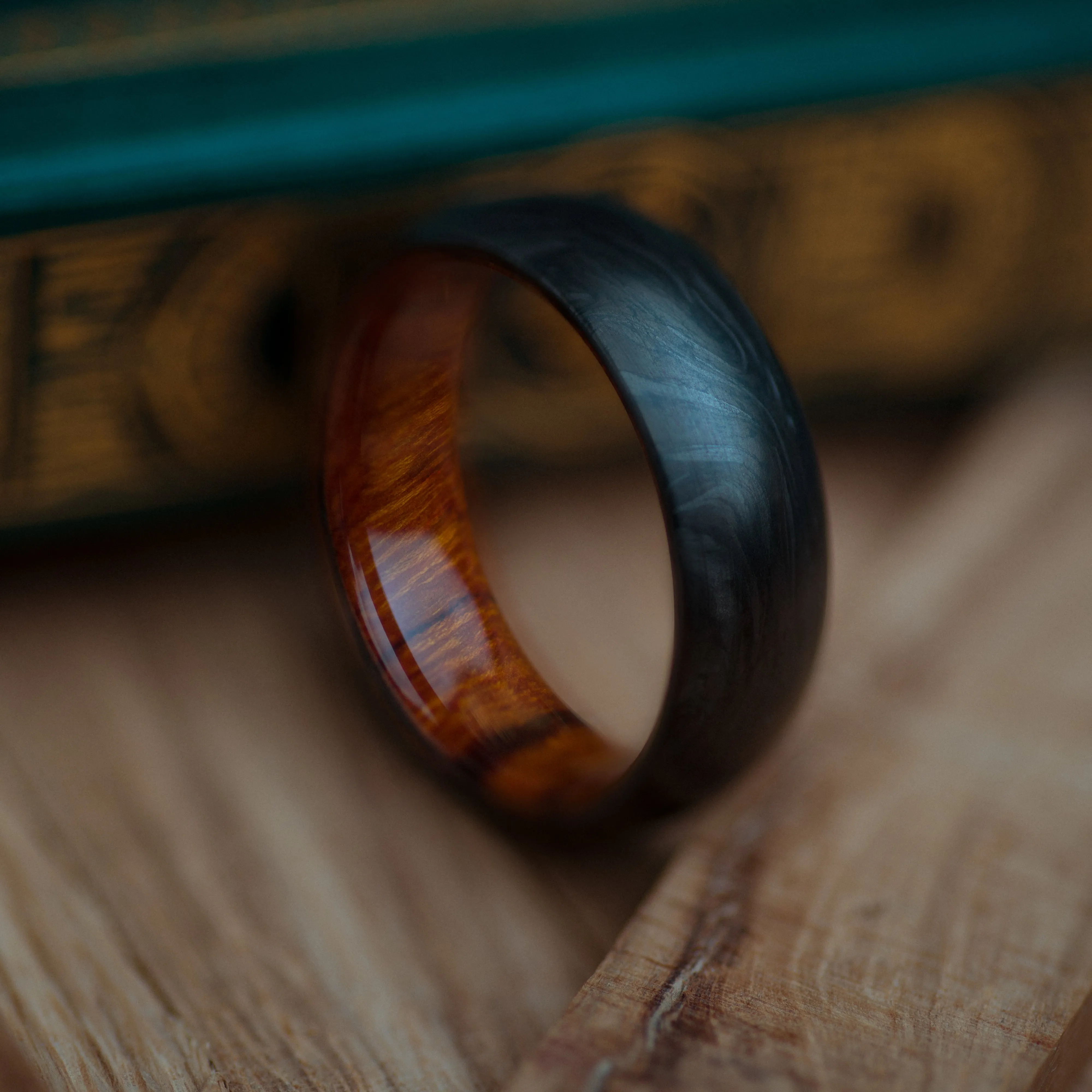 Desert Ironwood and Forged Carbon Fiber Mens Wedding Band