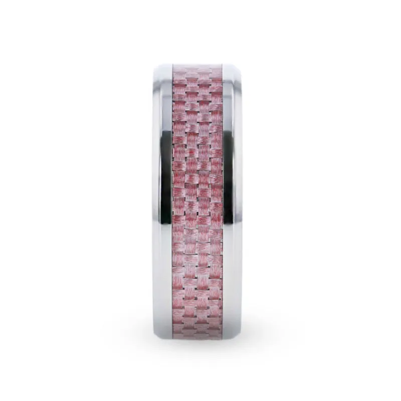 DOMINIQUE Pink Carbon Fiber Inlaid Titanium Flat Polished Finish Men's Wedding Ring With Beveled Edges - 8mm
