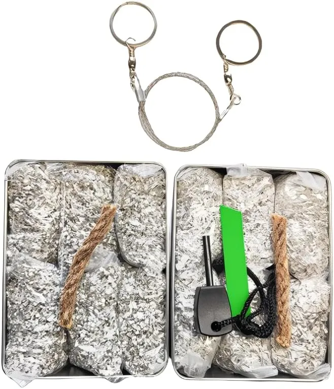 Emergency Fire Starter Magnesium 6 Bags Wax Infused Jute Rope Ferro Rod Striker Saw Wire for Camping Hiking Bushcraft Hurricane   Tin Container