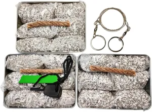 Emergency Fire Starter Magnesium 6 Bags Wax Infused Jute Rope Ferro Rod Striker Saw Wire for Camping Hiking Bushcraft Hurricane   Tin Container