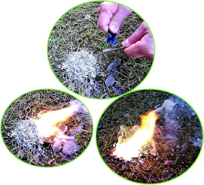 Emergency Fire Starter Magnesium 6 Bags Wax Infused Jute Rope Ferro Rod Striker Saw Wire for Camping Hiking Bushcraft Hurricane   Tin Container