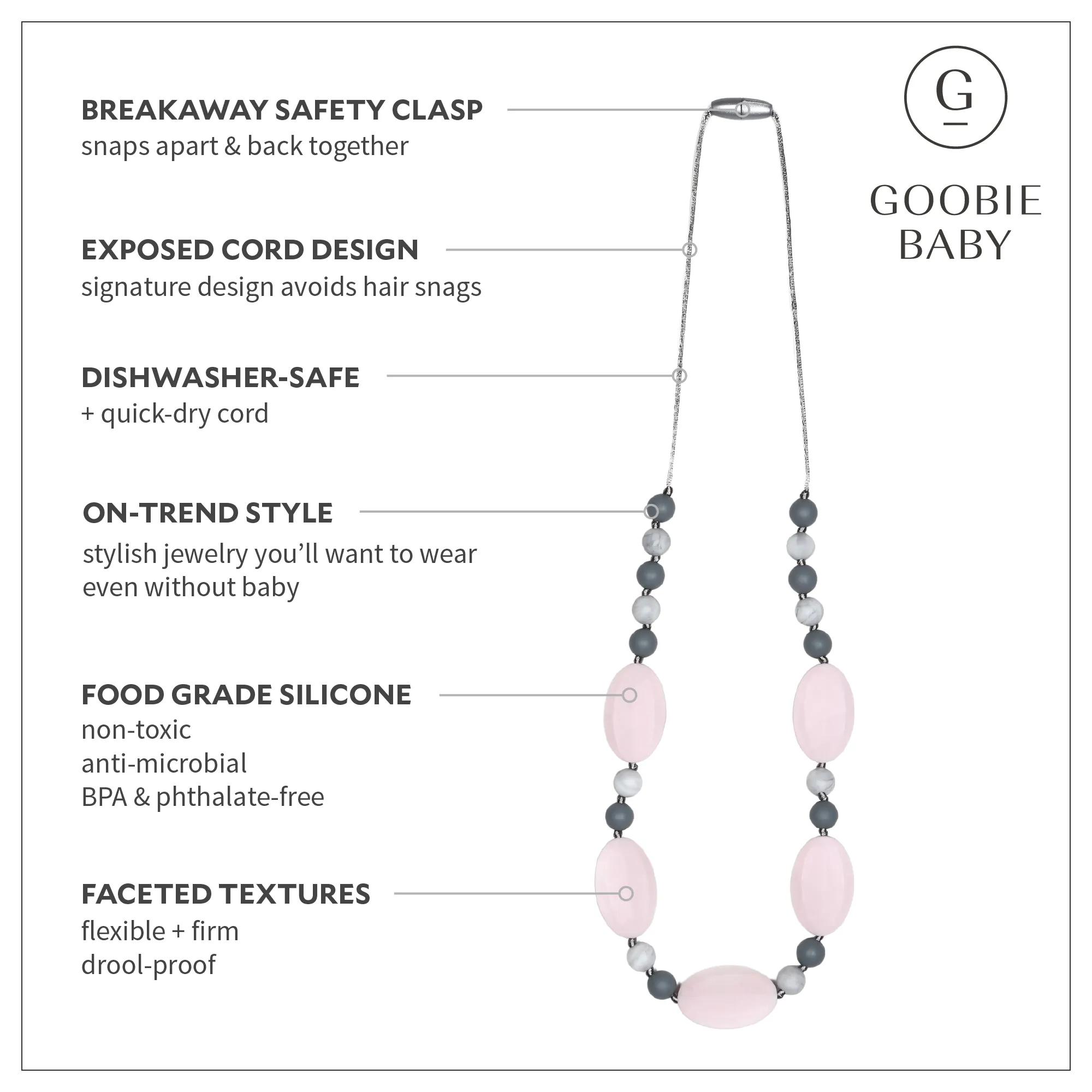 Emma Teething Necklace - Quartz Pink/Marble/Gray