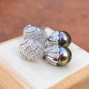 Estate 18KT White Gold Pave Diamond Filigree Omega Back Tahitian Pearl Earrings