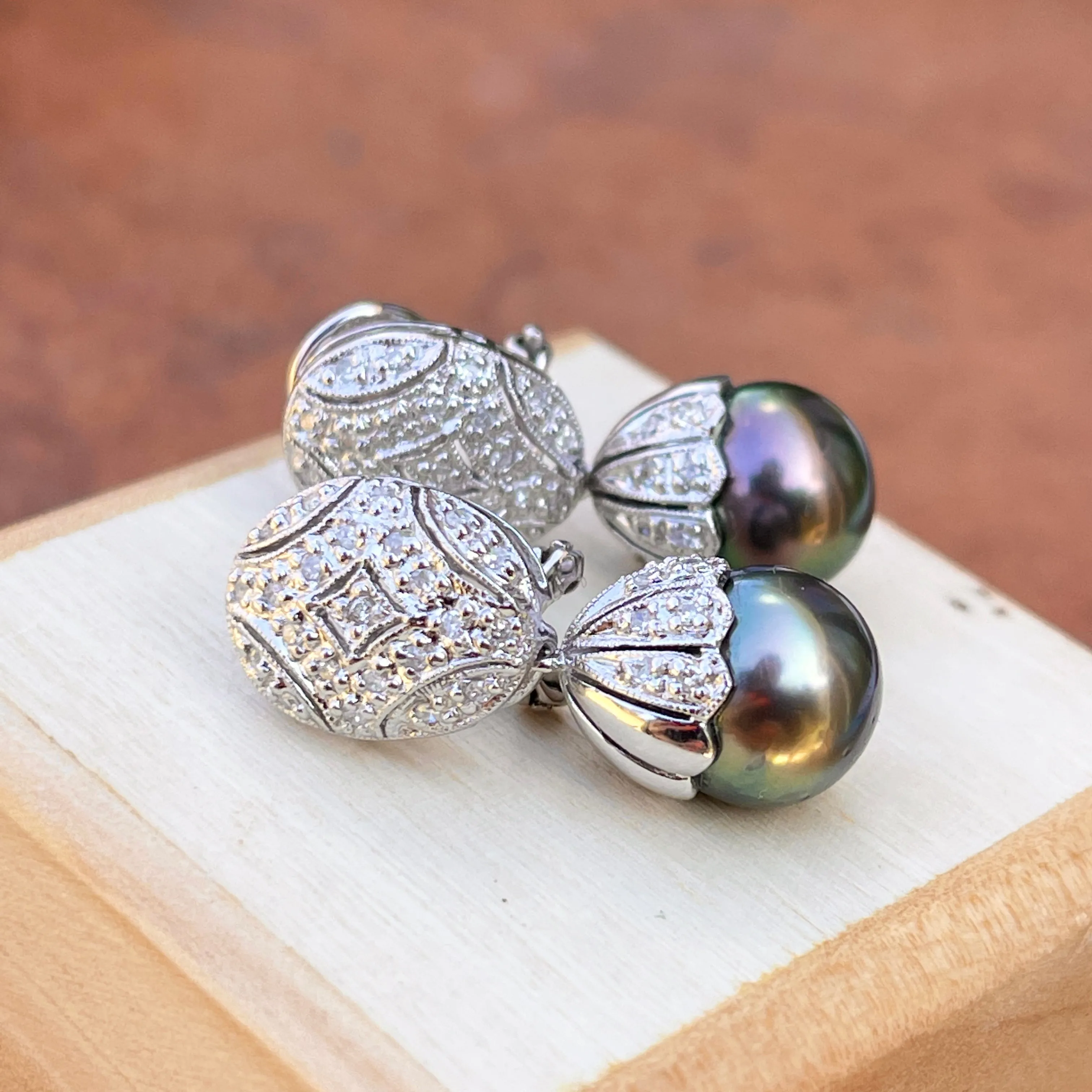 Estate 18KT White Gold Pave Diamond Filigree Omega Back Tahitian Pearl Earrings