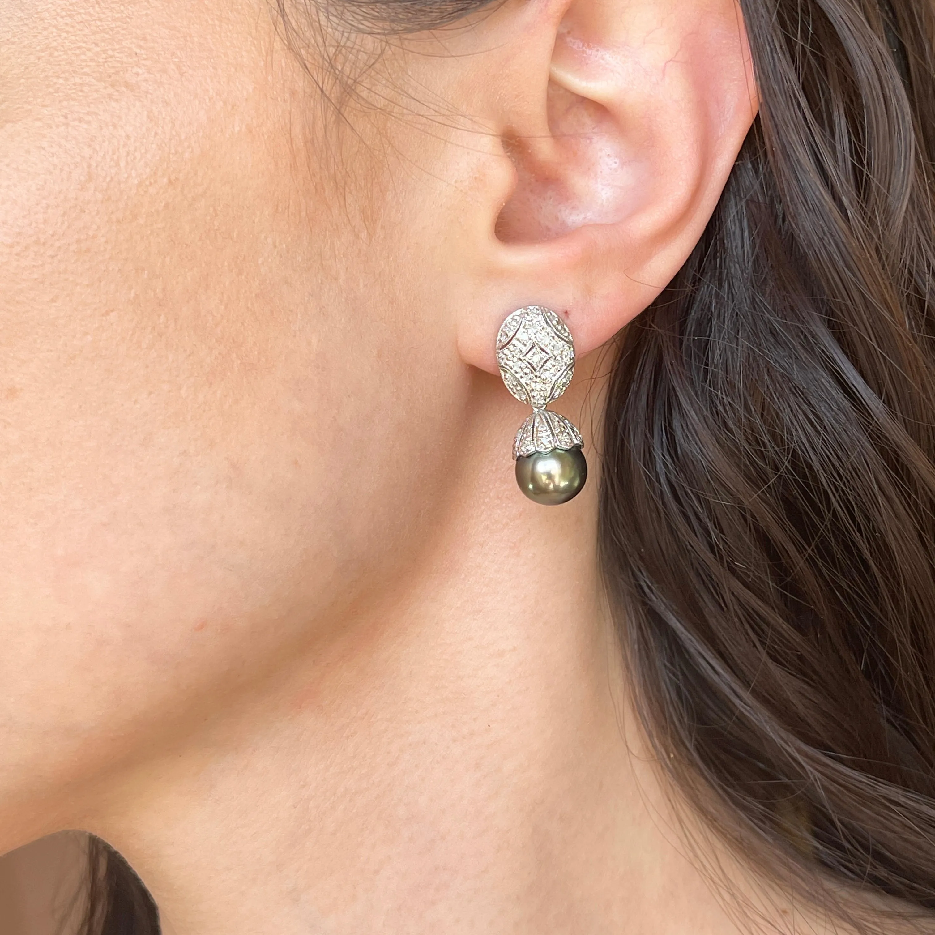 Estate 18KT White Gold Pave Diamond Filigree Omega Back Tahitian Pearl Earrings