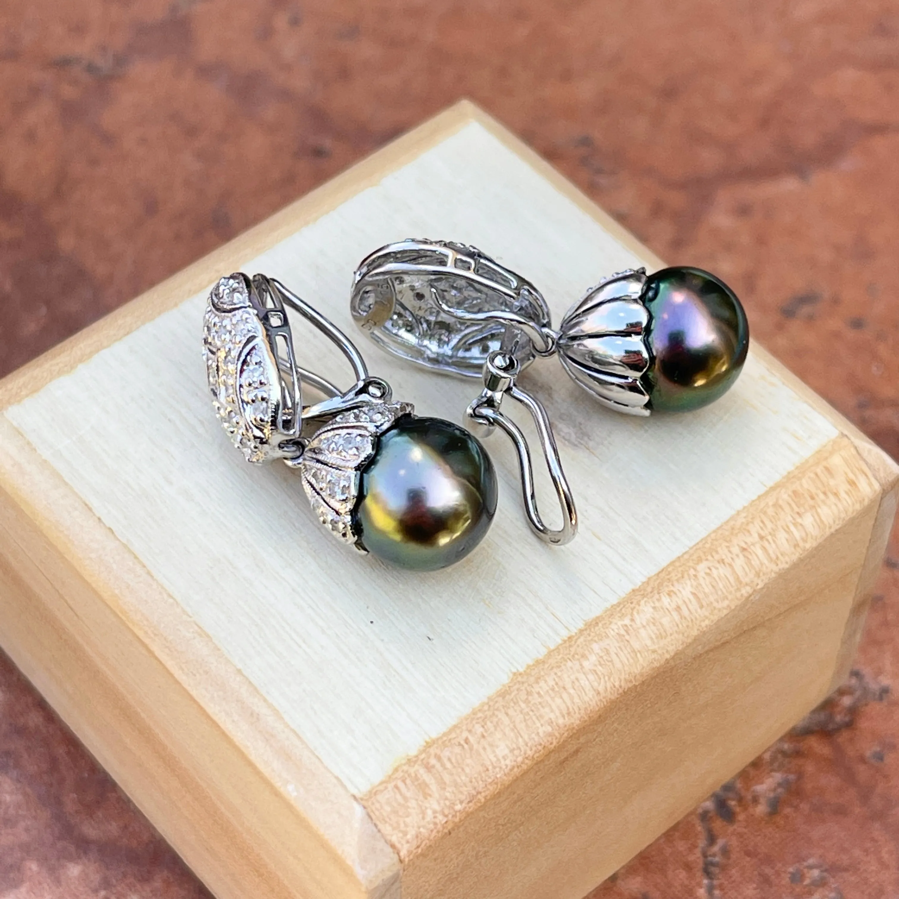 Estate 18KT White Gold Pave Diamond Filigree Omega Back Tahitian Pearl Earrings