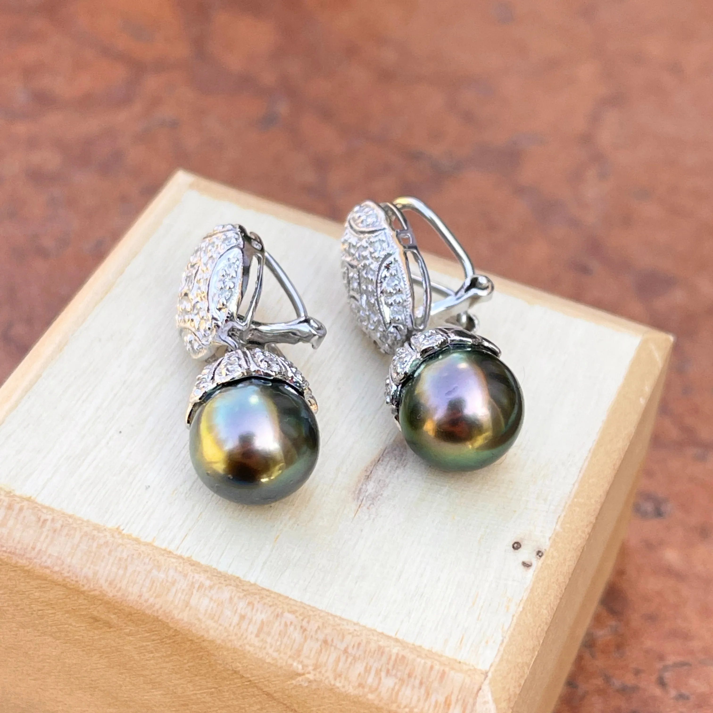 Estate 18KT White Gold Pave Diamond Filigree Omega Back Tahitian Pearl Earrings