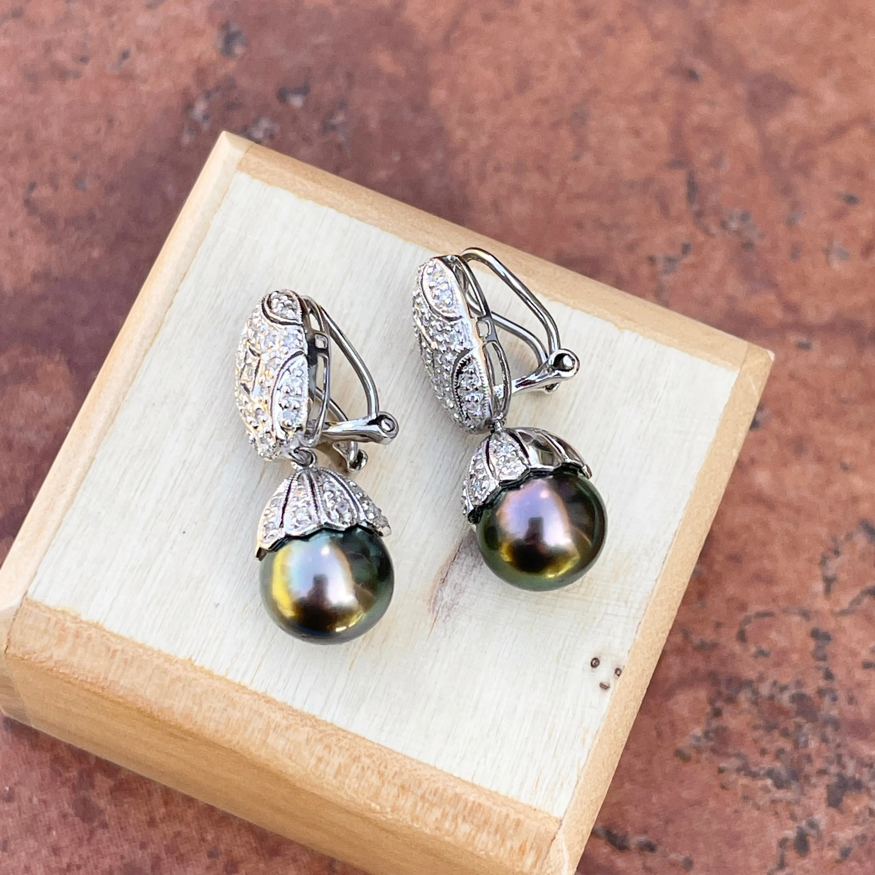 Estate 18KT White Gold Pave Diamond Filigree Omega Back Tahitian Pearl Earrings