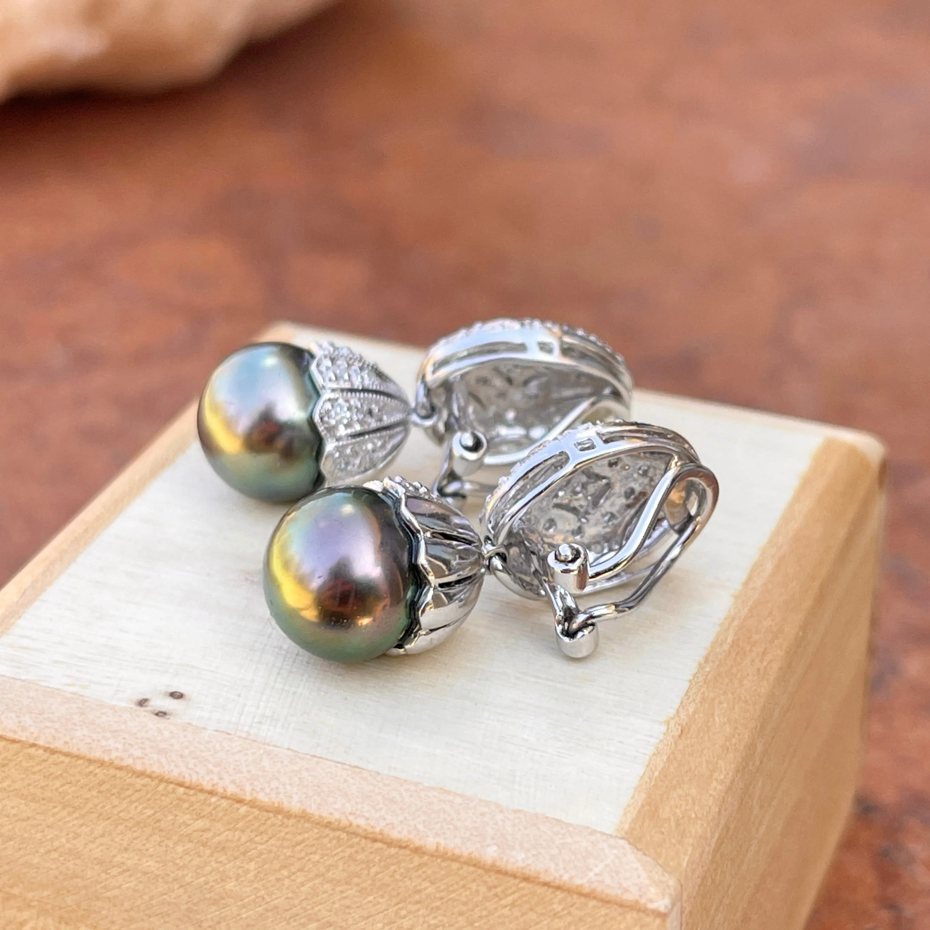 Estate 18KT White Gold Pave Diamond Filigree Omega Back Tahitian Pearl Earrings