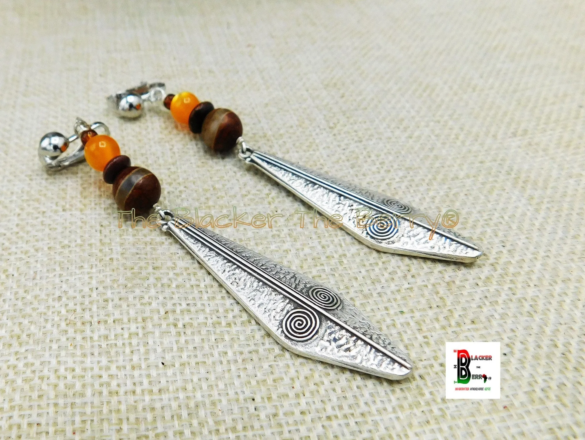 Ethnic Clip On Earrings Beaded Silver Orange Agate Non Pierced Long Jewelry Women