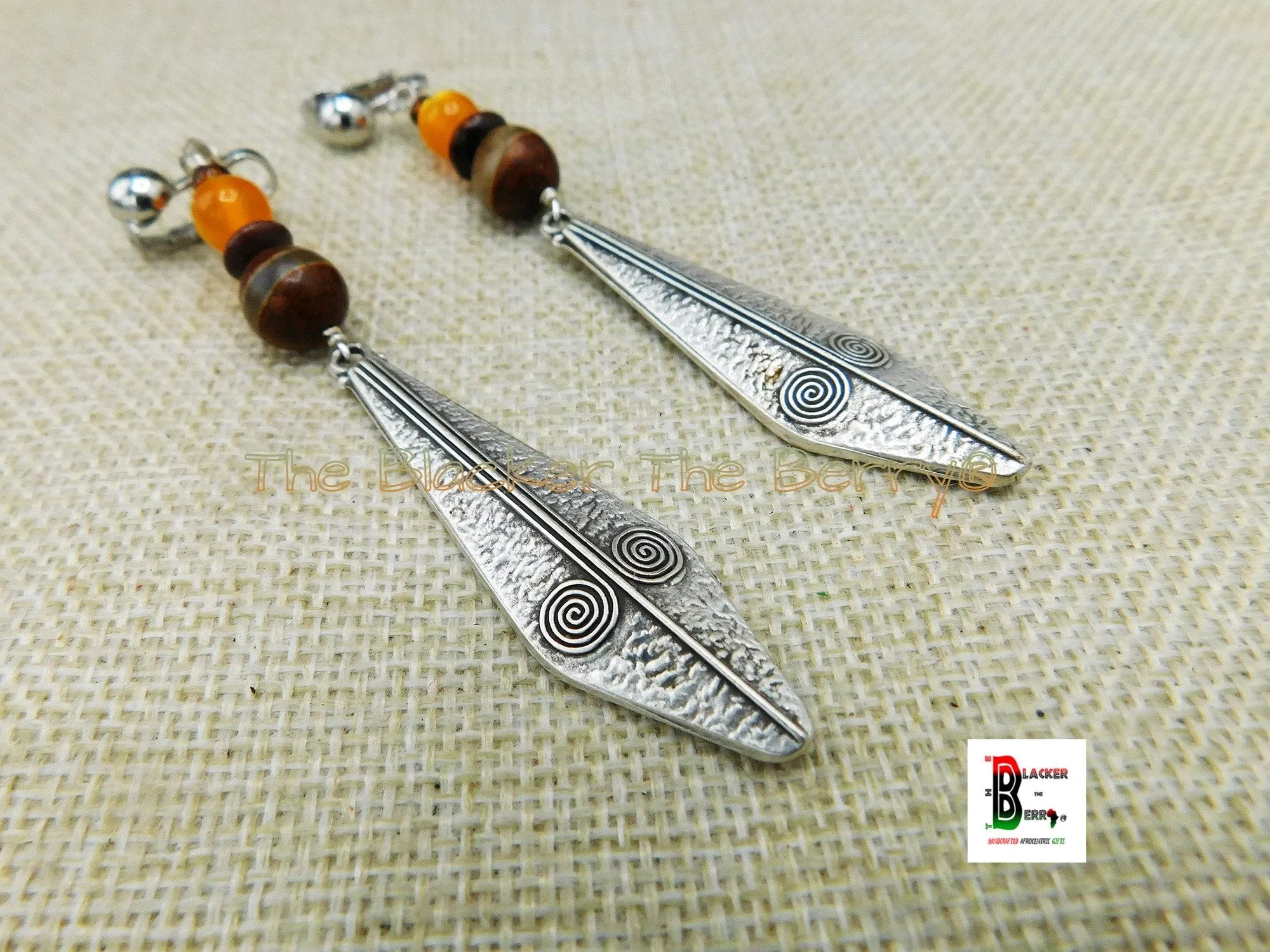 Ethnic Clip On Earrings Beaded Silver Orange Agate Non Pierced Long Jewelry Women