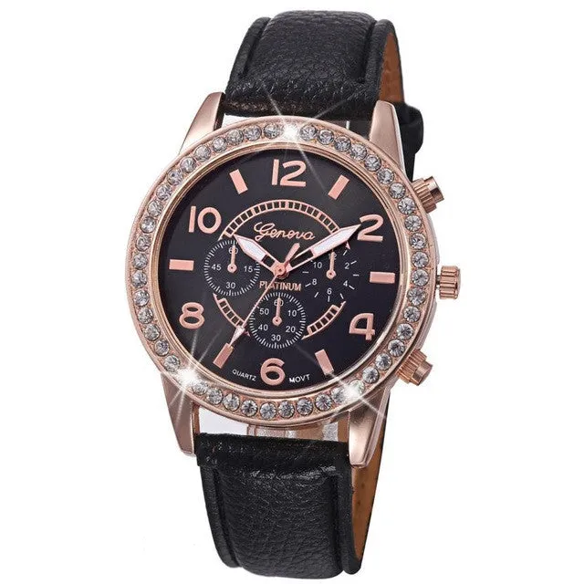 Fashion Watch Women 2017 Crystal Geneva Womens Watches PU Leather Strap Clock Quartz-Watch Ladies Relogio Feminino