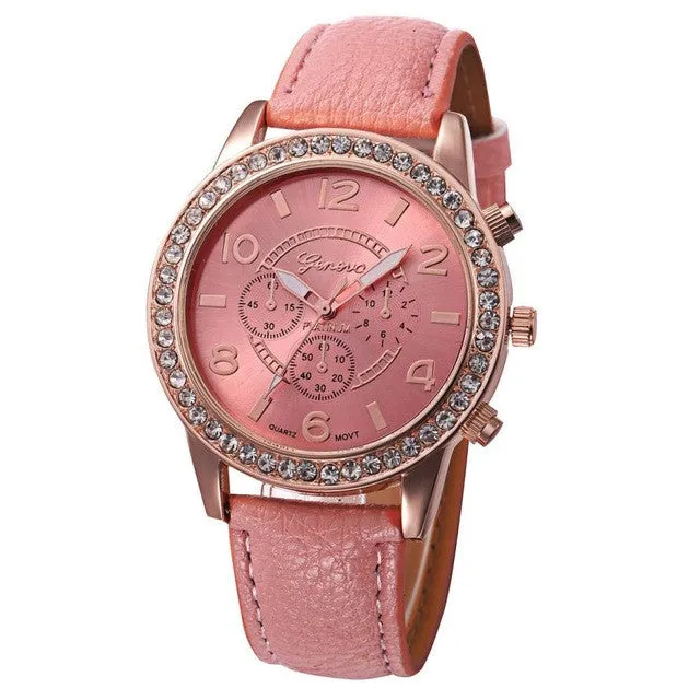 Fashion Watch Women 2017 Crystal Geneva Womens Watches PU Leather Strap Clock Quartz-Watch Ladies Relogio Feminino