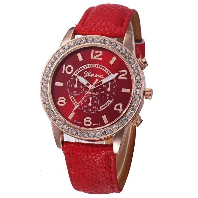 Fashion Watch Women 2017 Crystal Geneva Womens Watches PU Leather Strap Clock Quartz-Watch Ladies Relogio Feminino