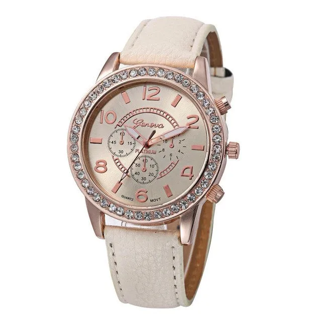 Fashion Watch Women 2017 Crystal Geneva Womens Watches PU Leather Strap Clock Quartz-Watch Ladies Relogio Feminino