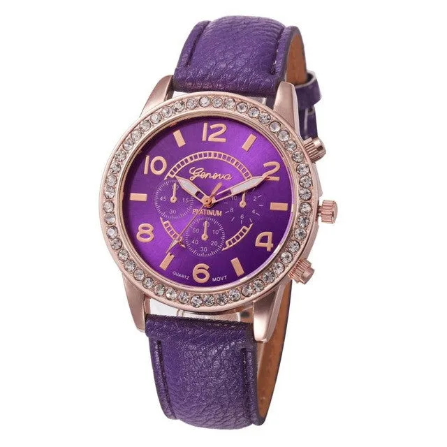Fashion Watch Women 2017 Crystal Geneva Womens Watches PU Leather Strap Clock Quartz-Watch Ladies Relogio Feminino