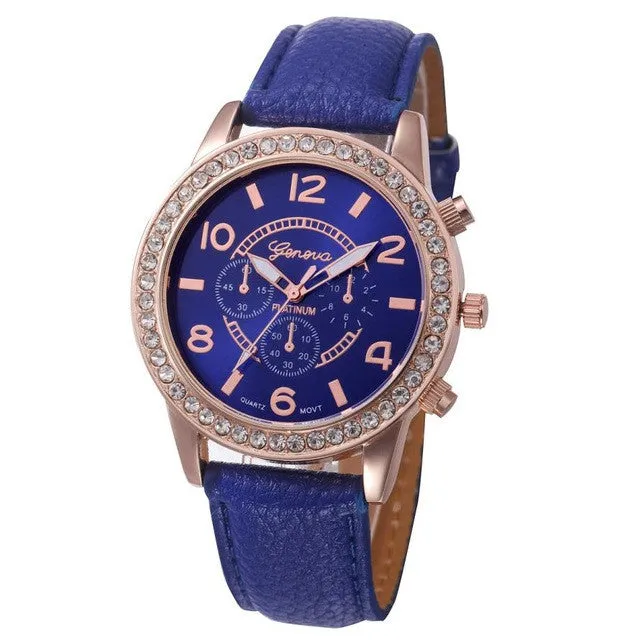 Fashion Watch Women 2017 Crystal Geneva Womens Watches PU Leather Strap Clock Quartz-Watch Ladies Relogio Feminino
