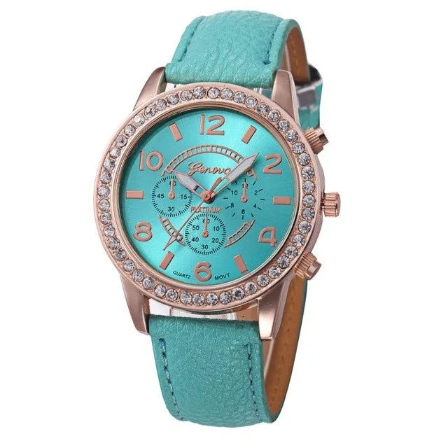 Fashion Watch Women 2017 Crystal Geneva Womens Watches PU Leather Strap Clock Quartz-Watch Ladies Relogio Feminino