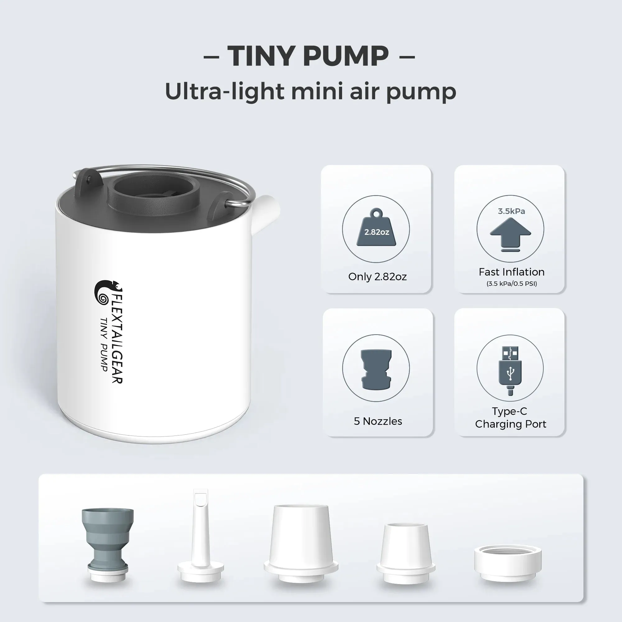 FLEXTAILGEAR TINY PUMP X - Portable Camping Air Pump with 1300mAh Battery Rechargeable for Pool Floats Air Mattress Vacuum Bags