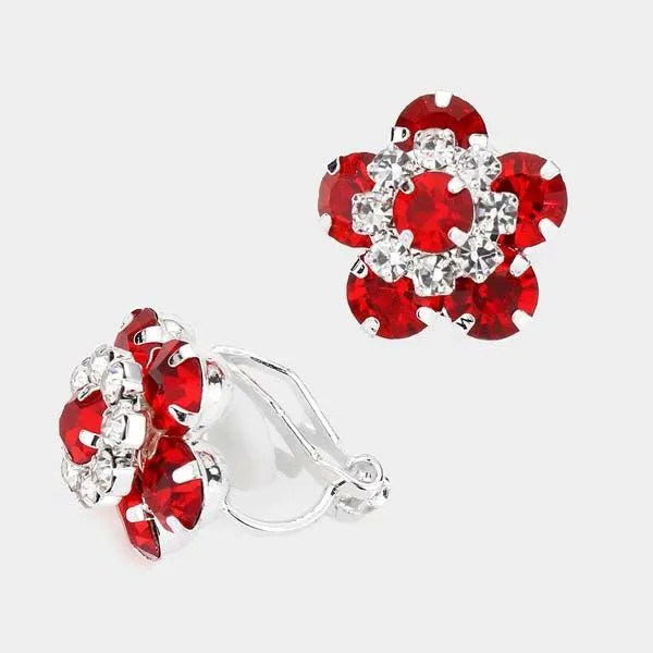 Flower Red Bubble Stone Silver Clip on Earrings