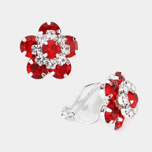 Flower Red Bubble Stone Silver Clip on Earrings