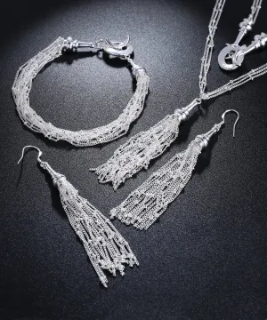 Fringe Tassel 18K White Gold Plated Set - Hypoallergenic, Made in Italy
