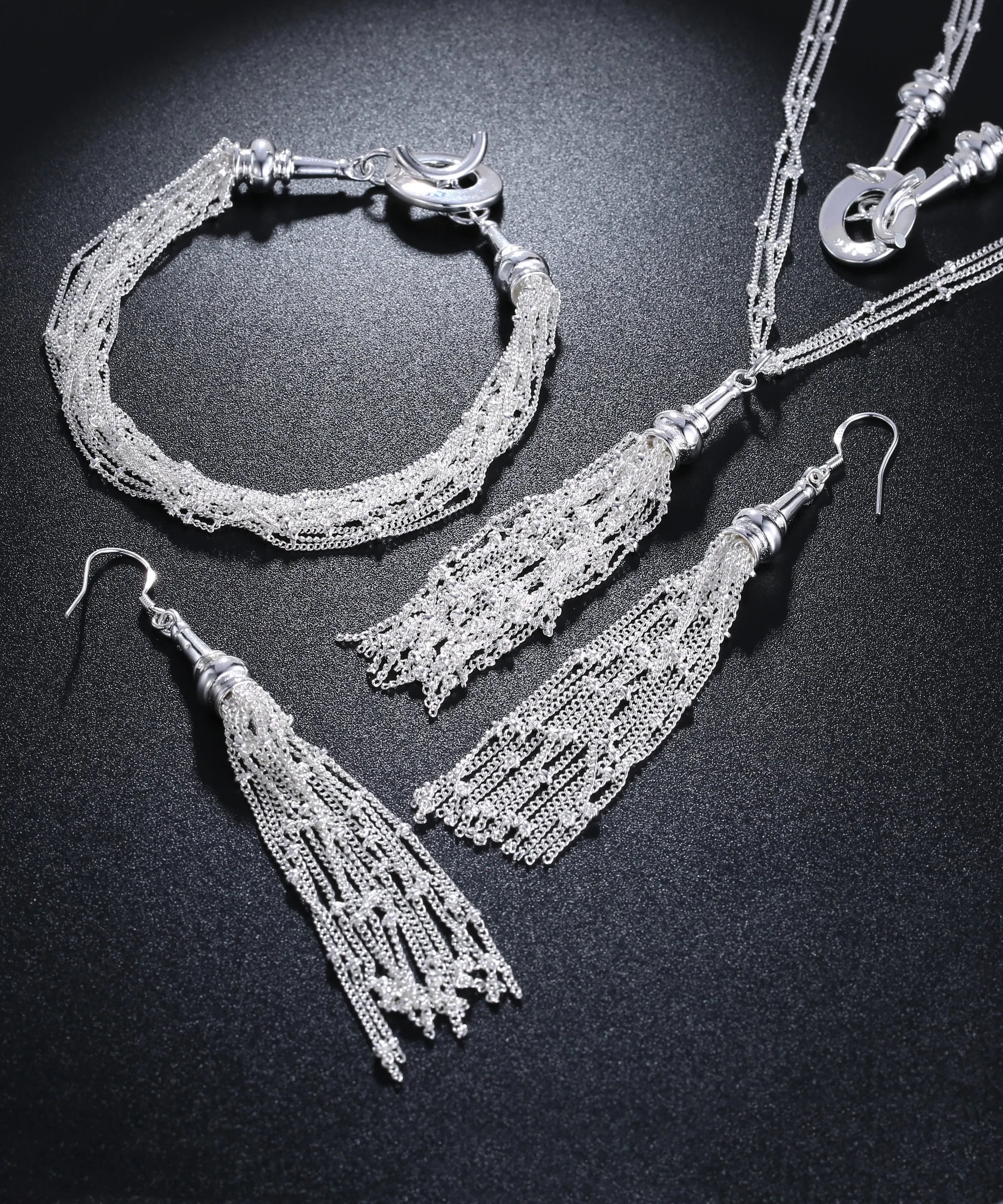 Fringe Tassel 18K White Gold Plated Set - Hypoallergenic, Made in Italy