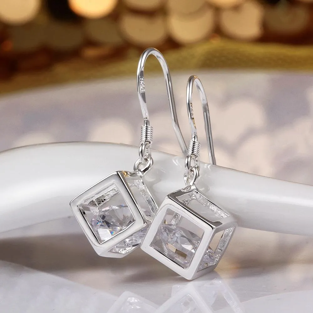 Genuine Crystal Cube Earrings in 18K White Gold Plating - Hypoallergenic and Comfortable