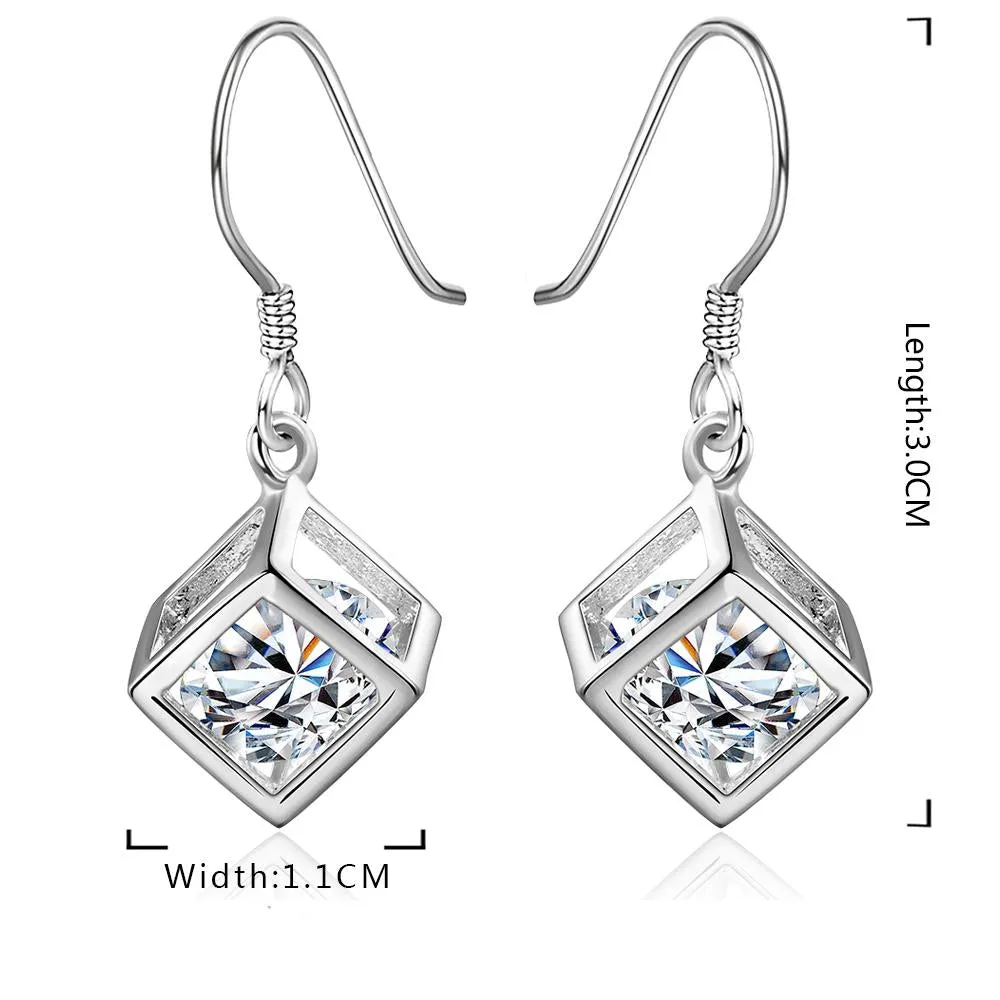 Genuine Crystal Cube Earrings in 18K White Gold Plating - Hypoallergenic and Comfortable