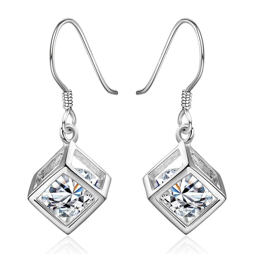 Genuine Crystal Cube Earrings in 18K White Gold Plating - Hypoallergenic and Comfortable