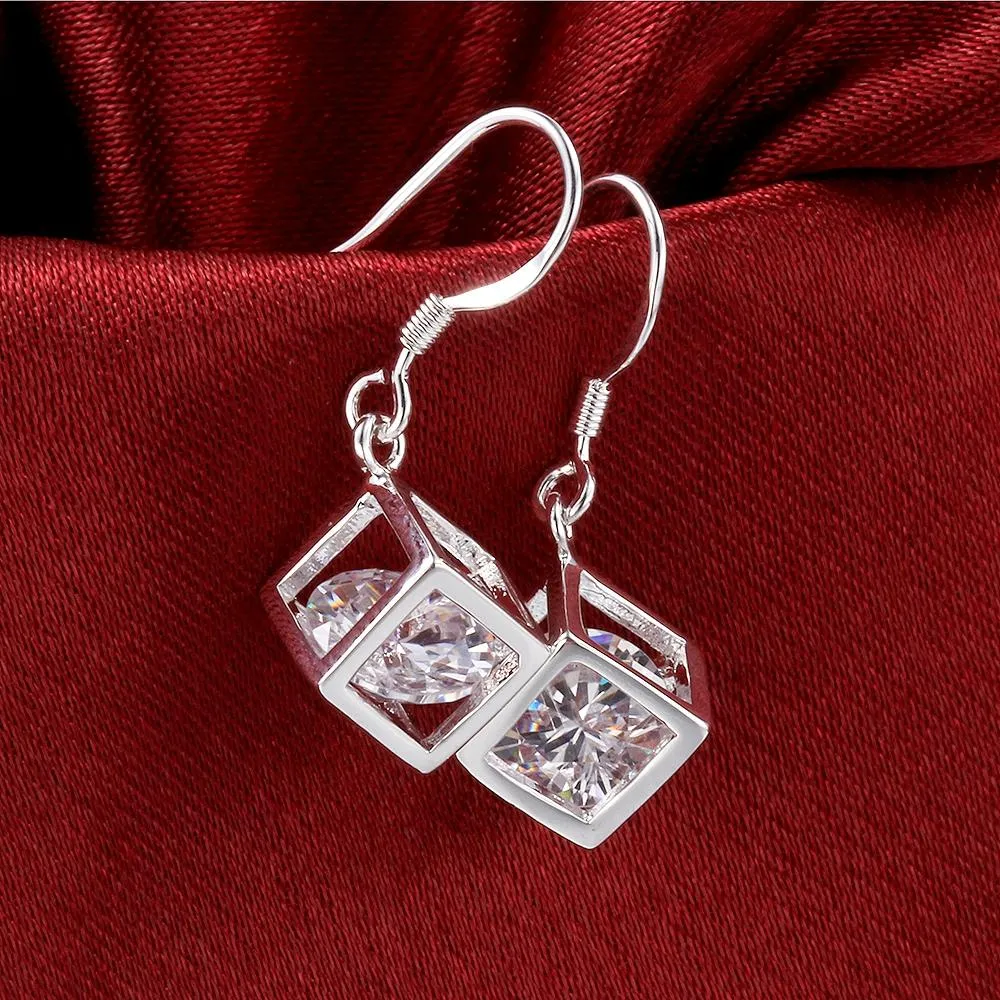 Genuine Crystal Cube Earrings in 18K White Gold Plating - Hypoallergenic and Comfortable