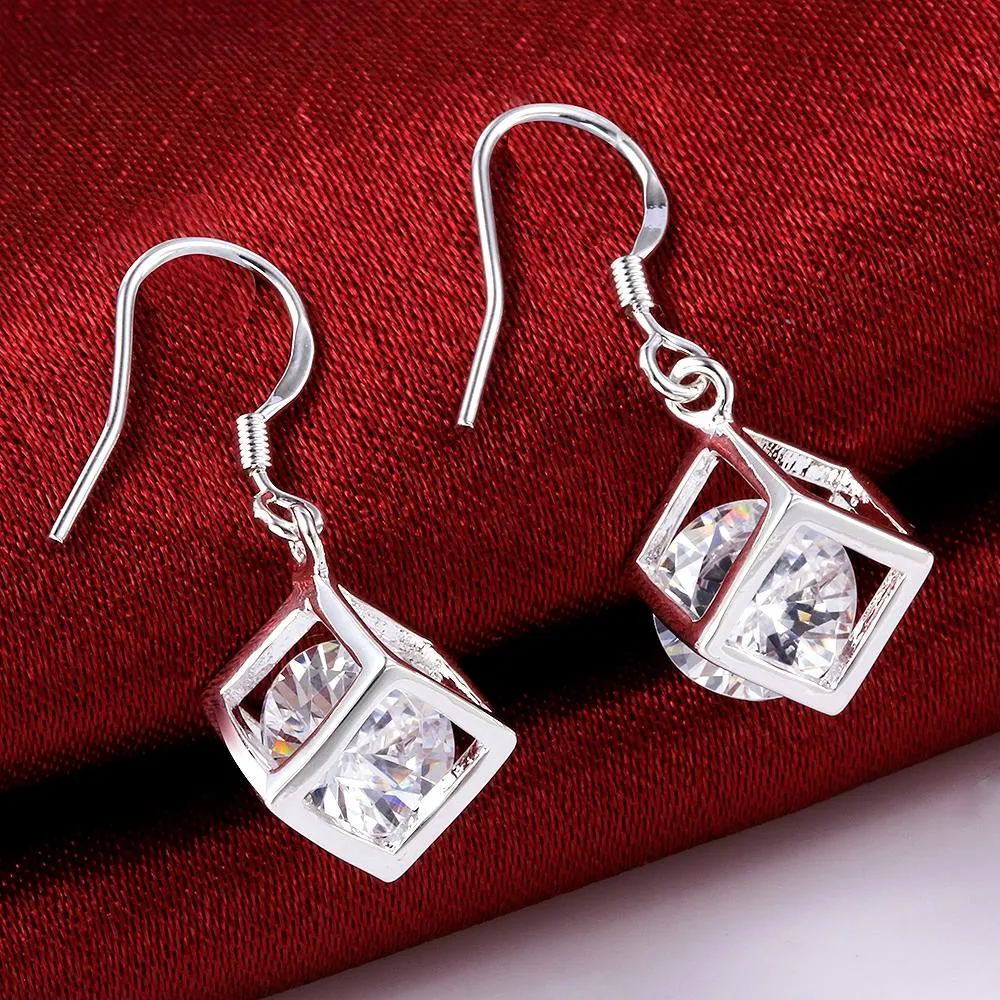 Genuine Crystal Cube Earrings in 18K White Gold Plating - Hypoallergenic and Comfortable