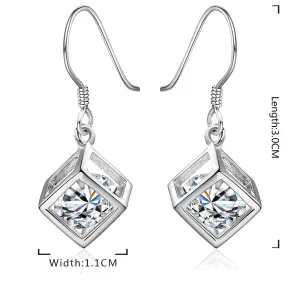 Genuine Crystal Cube Earrings in 18K White Gold Plating - Hypoallergenic and Comfortable
